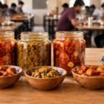 Three large jars of pickle and bowls of curry and rice lined up on a wooden table in a casual dining hall with diners eating in the background.