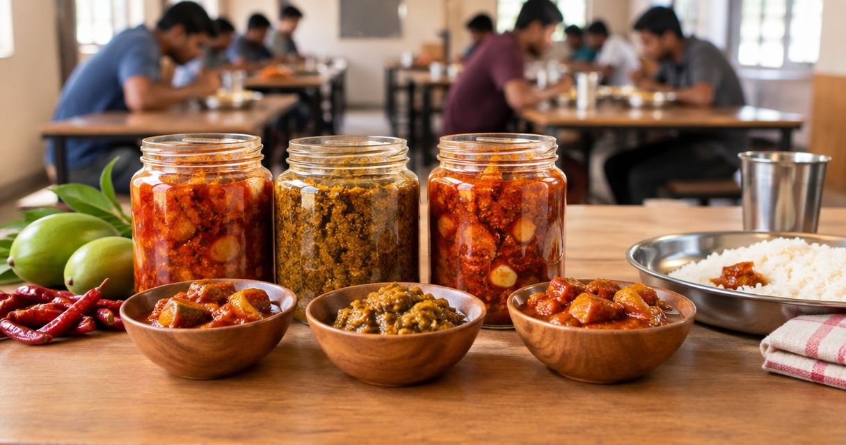 Three large jars of pickle and bowls of curry and rice lined up on a wooden table in a casual dining hall with diners eating in the background.