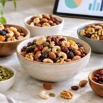 Assorted bowls of nuts and dried fruit on a marble table with a tablet displaying charts in the background.