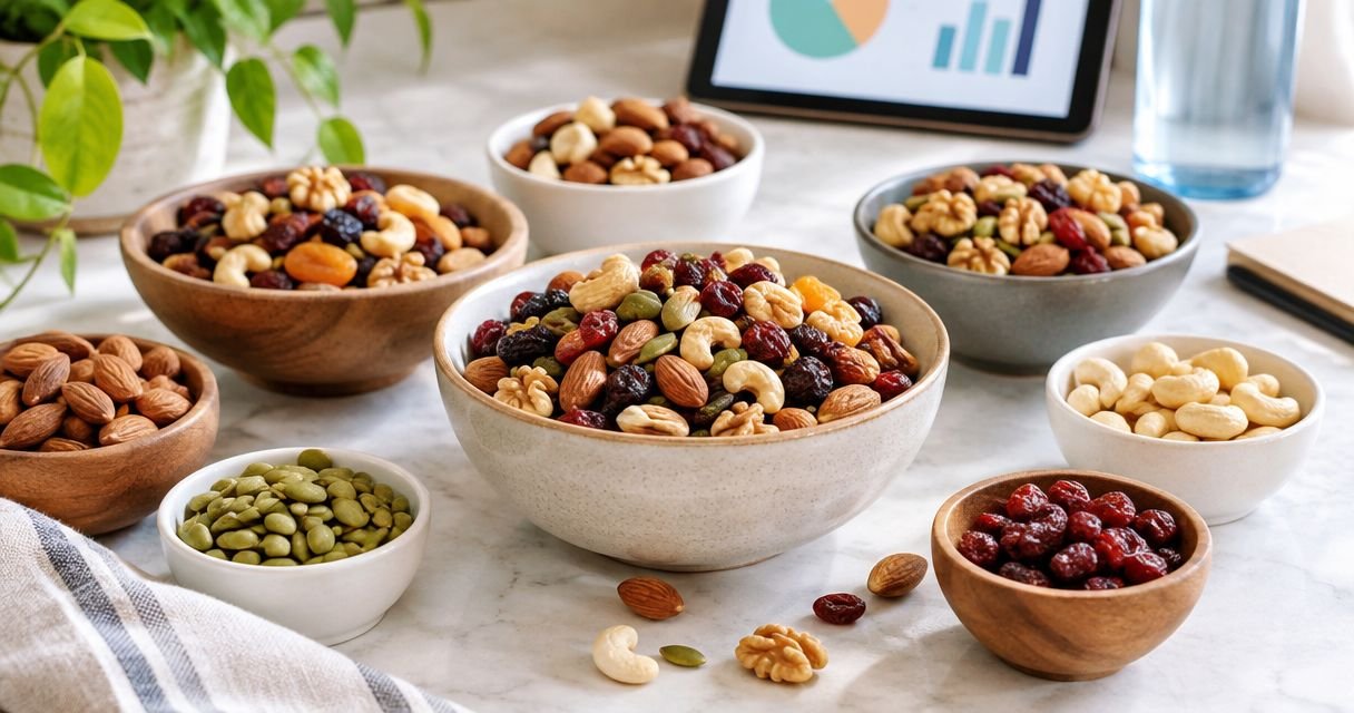 Assorted bowls of nuts and dried fruit on a marble table with a tablet displaying charts in the background.