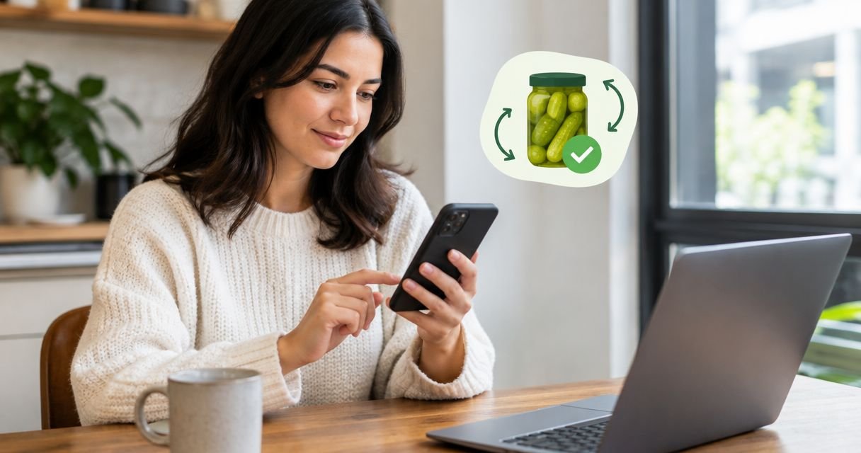 Woman in a cream sweater sits at a wooden table, looking at her phone with a laptop nearby; a graphic of a pickle jar with arrows and a checkmark floats beside her.