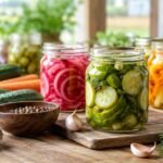 Assorted pickled vegetables in glass jars on a wooden table, with fresh cucumbers, carrots, radishes, garlic, and herbs nearby.
