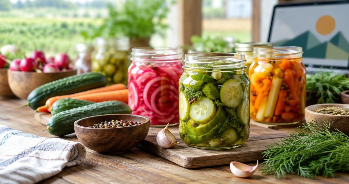 Assorted pickled vegetables in glass jars on a wooden table, with fresh cucumbers, carrots, radishes, garlic, and herbs nearby.